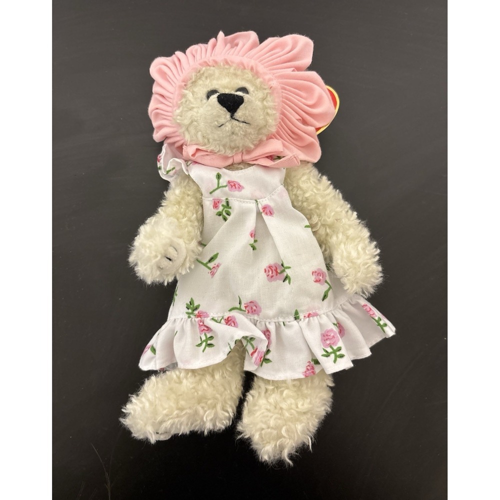 TY Beanie Baby Rosalie Plush Bear 8 in Floral Dress & Pink Bonnet 1993 Vintage